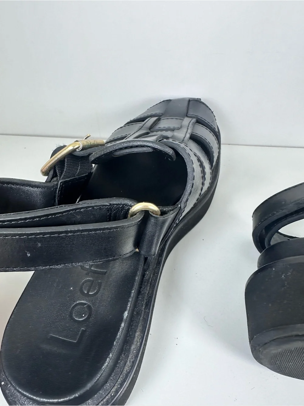 Loeffler Randall Black Leather Platform Fisherman Sandals with Gold Buckles - Picture 9 of 10